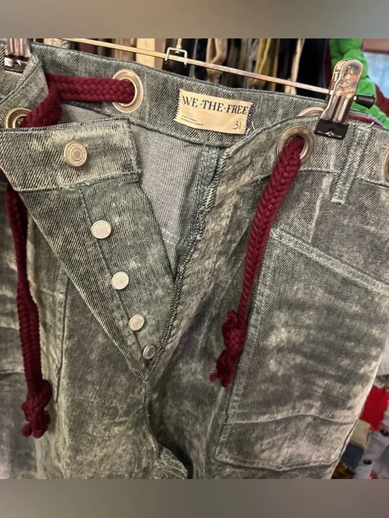 NWOT Free People We The Free Moxie Flocked Pull-On Barrel Jeans green blue 31 IR - Picture 12 of 13